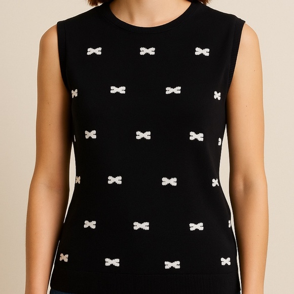 CeCe Black Sleeveless Knit Top with White Bow Embroidery – Size XS - Picture 9 of 9